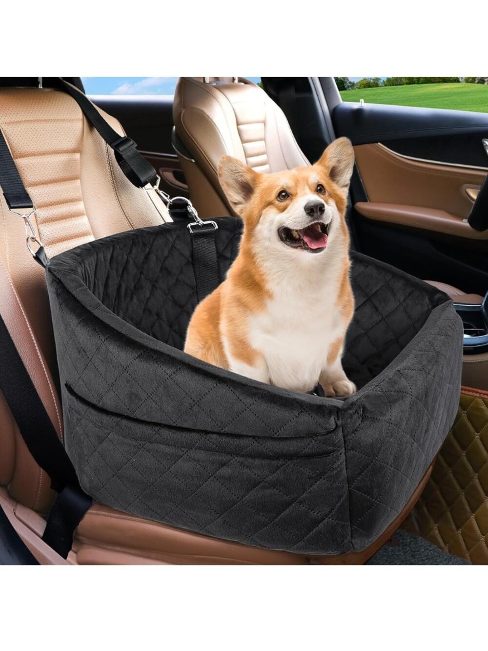 Dog Car Seat Booster Travel Bed Black Quilted Washable with Storage Pockets